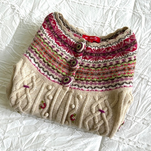 Derhy Cardigan Sweater ¾ Sleeve Hand Embroidered Wool Alpaca Cream Fair Isle - Picture 11 of 11